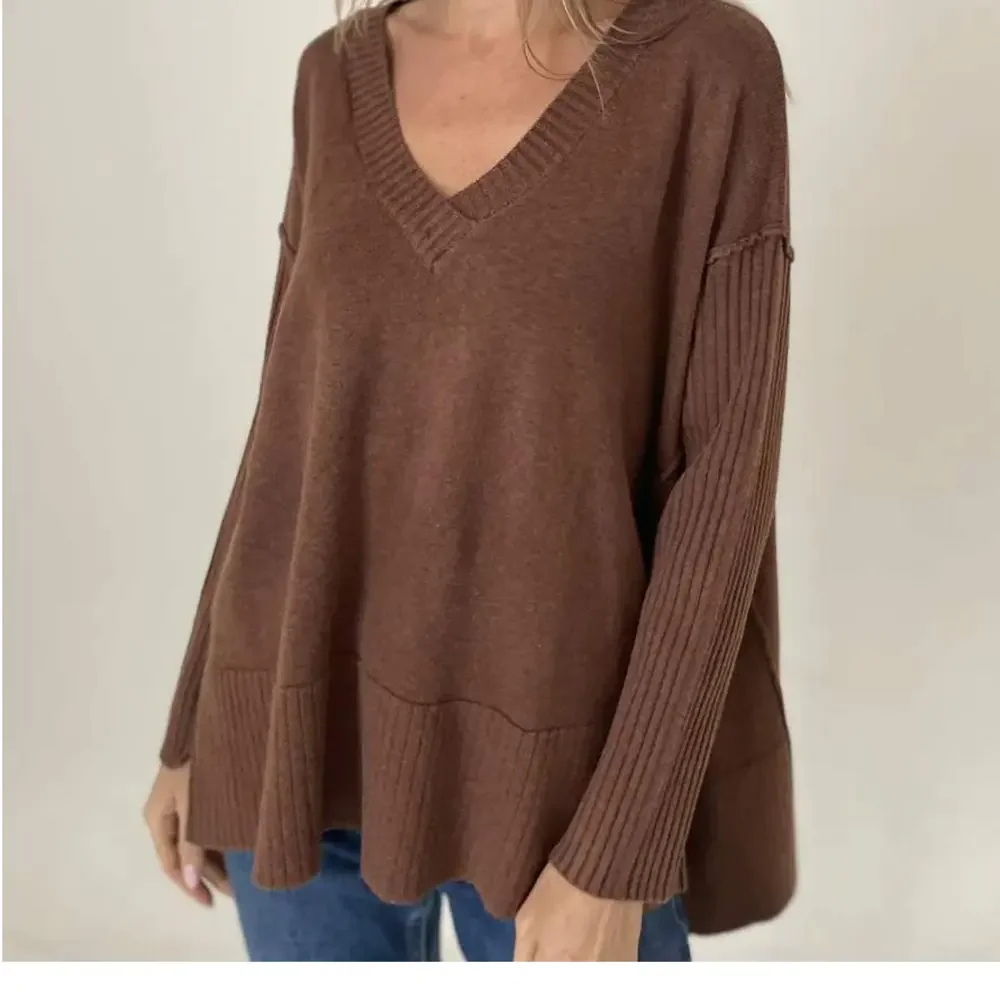 SIX/FIFTY Kenzie V-Neck Pullover Sweater Ribbed Detail Brown Tunic‎ Oversized Sm